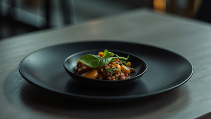 A Stylish Black Plate Artistically Set on a Minimalist Table, Showcasing the Art of Plating in Dining
