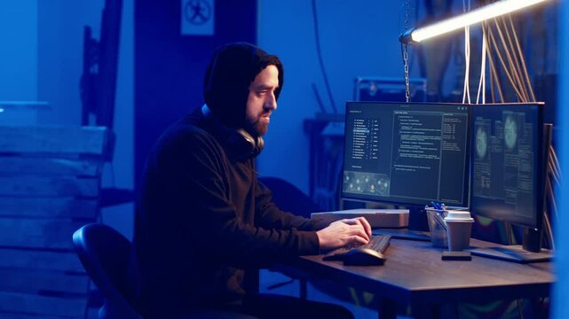Hooded hacker creating pirating crack for software and video game releases in bunker. Rogue programmer getting past anti tamper measures implemented by companies to protect their products, camera B