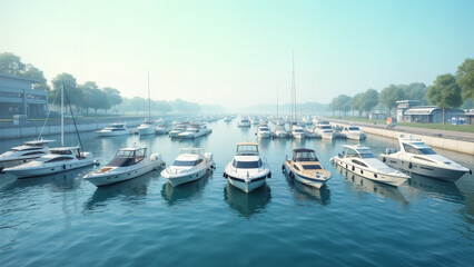 Fototapeta premium A Serene Contrast: Boats Anchored Tranquilly at a Vibrant Race Track