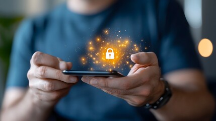 Glowing Lock Symbol Displayed on a Mobile Phone Held by a Person Representing the Concepts of Mobile Security Cybersecurity and the Importance of Protecting Digital Information and Communications