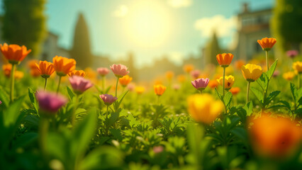 Obraz premium Uplifting Closeup of Colorful Flowers and Lush Greenery on a Bright Sunny Day.