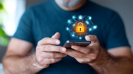 Futuristic cyber security concept featuring a man holding a mobile phone with a glowing lock icon on the screen representing the idea of digital data protection online privacy