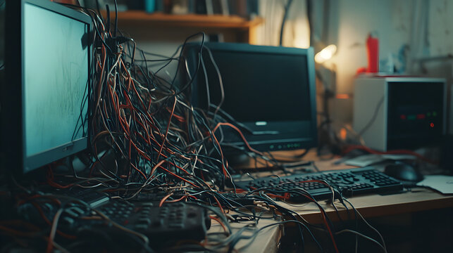 una oficina desordenada con computadoras y monitores enredados entre los cables fuera de su lugar caos y estres por falta de organizacion