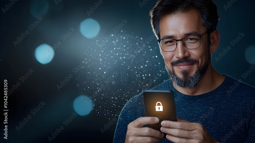 Wall mural cybersecurity banner featuring a man holding a mobile phone with a glowing lock symbol on the screen