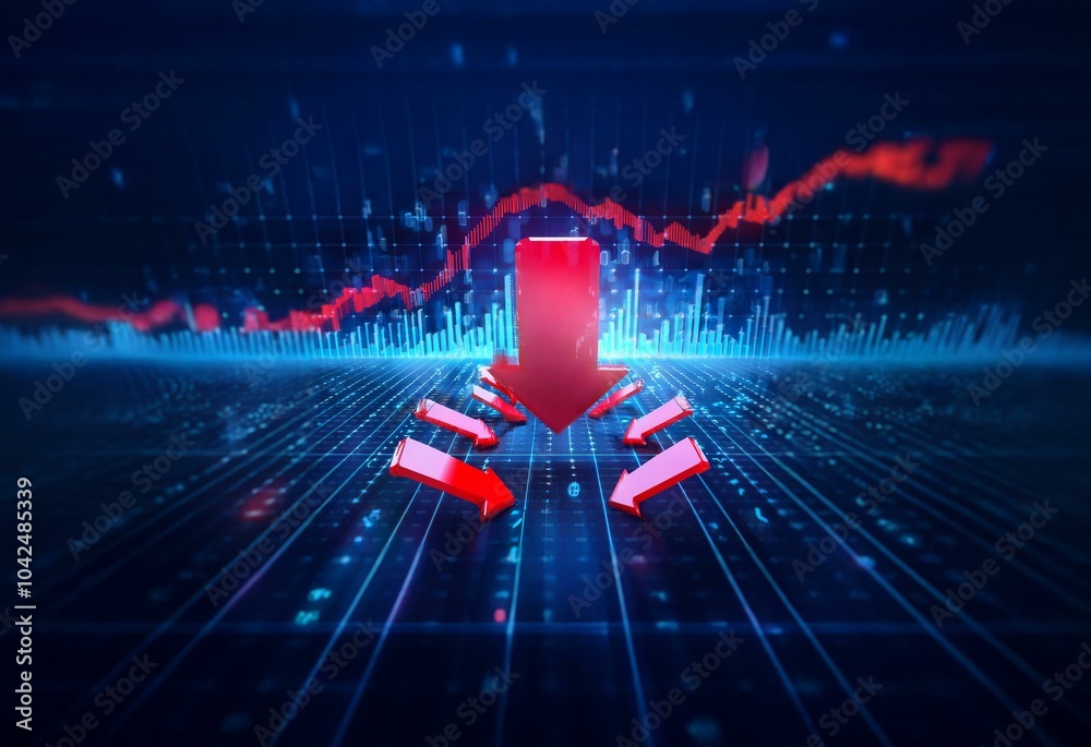 Poster red arrows point downwards in front of a digital background depicting a downward trend.