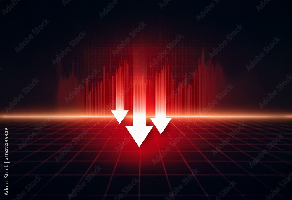 Poster Red and white abstract background with a glowing grid pattern.  Three white arrows point down, indicating a decline.