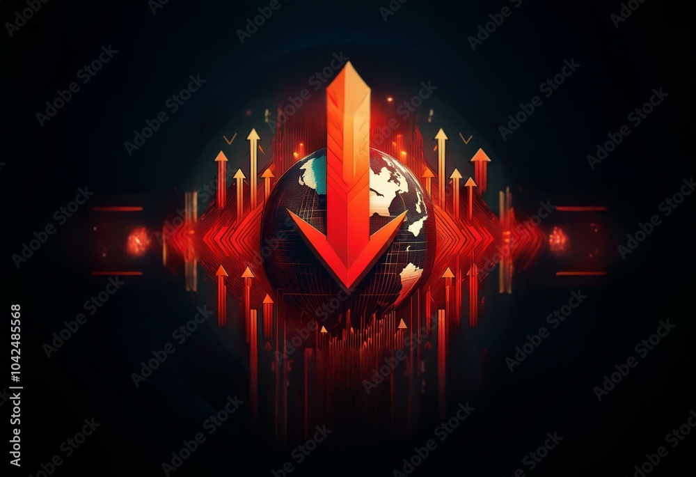 Leinwandbilder a red arrow points down towards a globe with multiple red arrows pointing upwards around it.
