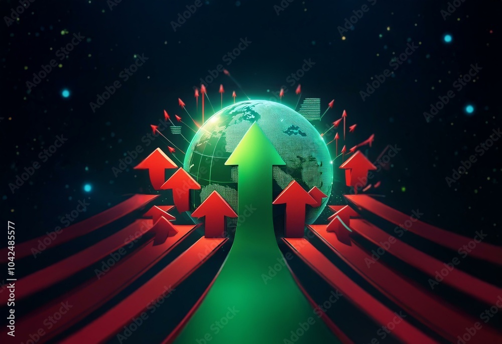 Aufkleber a glowing green arrow ascends, passing through a digital globe with red arrows surrounding it, all s