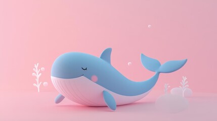 Obraz premium A playful blue whale on a soft pink background