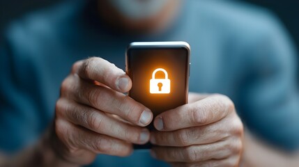 A hand holding a mobile phone with a bright lock symbol representing secure data access and mobile cybersecurity  The image depicts the concept of digital security privacy protection