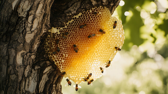un panal de abeja pegado en un arbol con abejas trabajando y produciendo miel alimento natural y organico saludable abejas productoras de miel