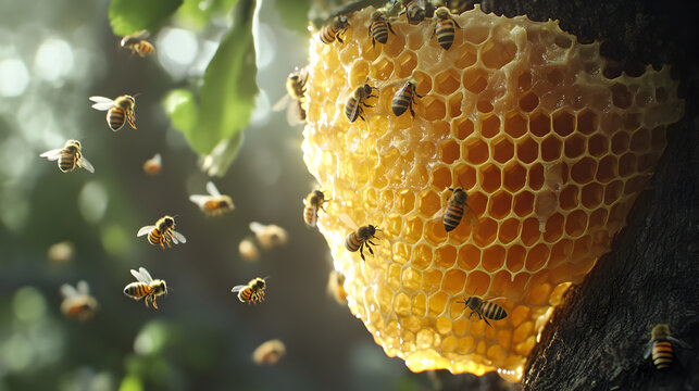 abejas trabajando en un panal produciendo miel fresca alimento saludable y organico producci&oacute;n de miel de abeja