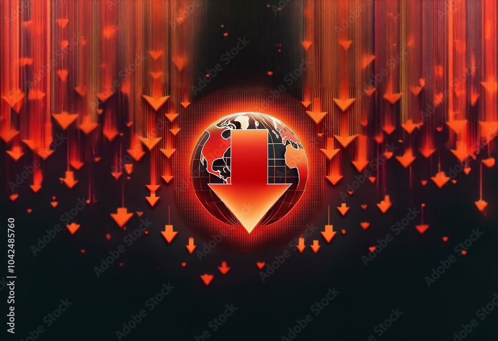 Poster a red down arrow sits over a glowing globe, surrounded by numerous blurry red arrows.