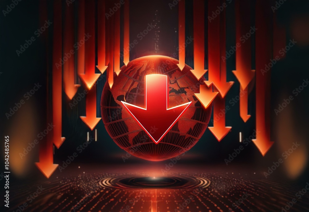 Poster A red globe with an oversized red arrow pointing downwards is surrounded by smaller red arrows pointing downwards against a dark red background.