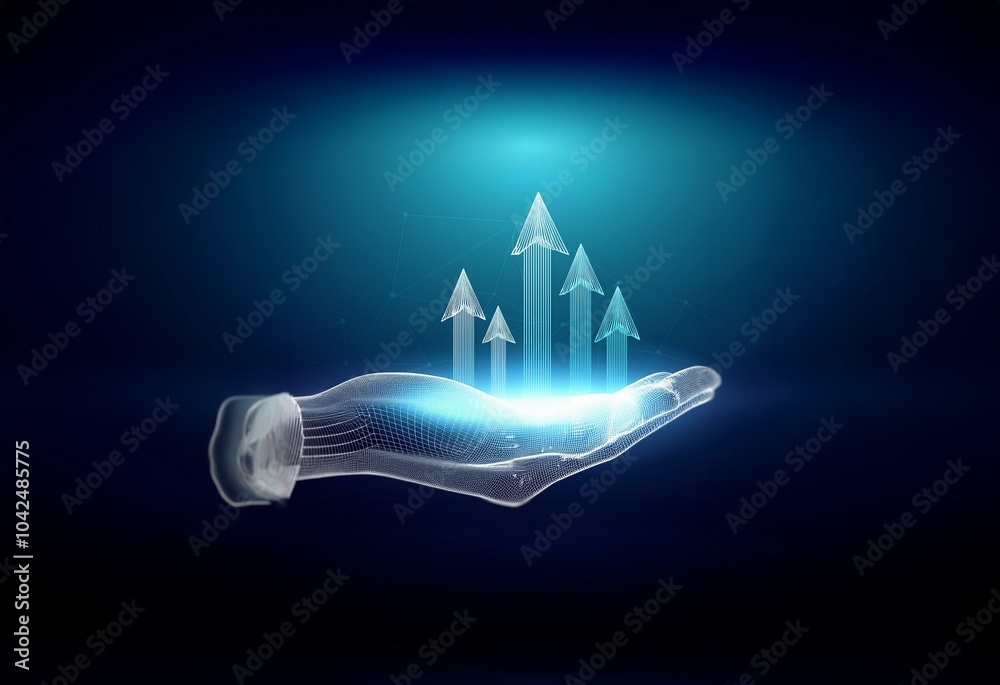 Canvas Prints A glowing wireframe hand holding multiple white arrows pointing upwards, set against a dark blue background.