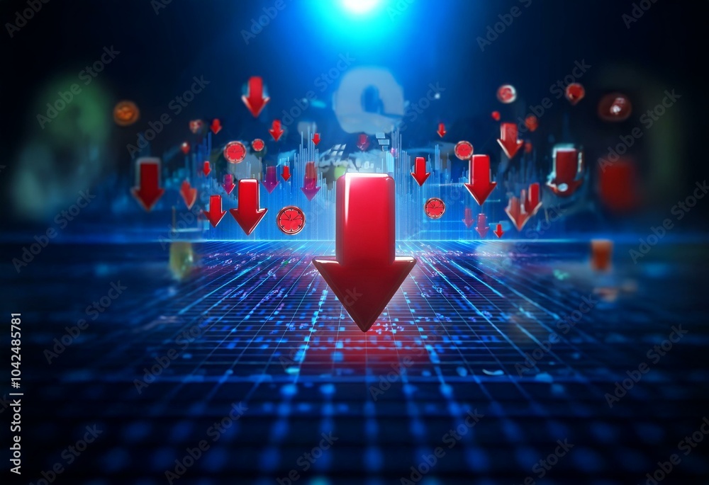 Poster red downward arrows float above a blue grid with glowing lights, suggesting a decline or fall.