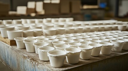 Rows of Unfinished Ceramic Cups in Workshop