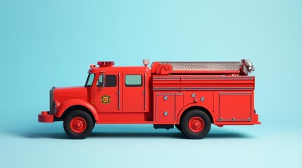 A bright red fire truck on a light blue background