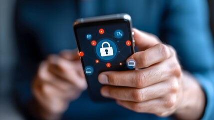 Fototapeta premium Hand Holding Smartphone with Lock Icon Displayed on Screen Symbolizing Cyber Security Privacy Protection and Mobile Data Encryption Technology