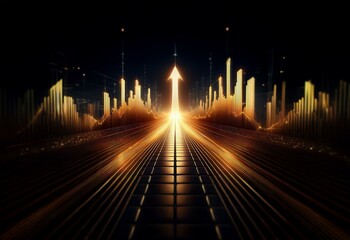 A golden arrow pointing upwards is set against a dark background, with glowing lines converging into a vanishing point.