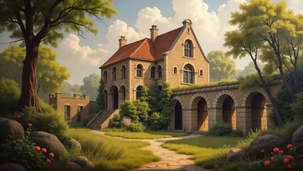 Naklejka premium An Artistic Depiction of an Old Building with Intricate Architecture and History Blended with Nature