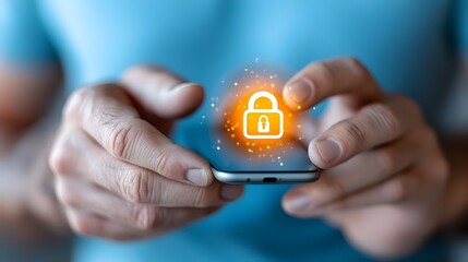 of a man holding a smartphone with a glowing lock symbol symbolizing the concept of digital security encryption and mobile device protection