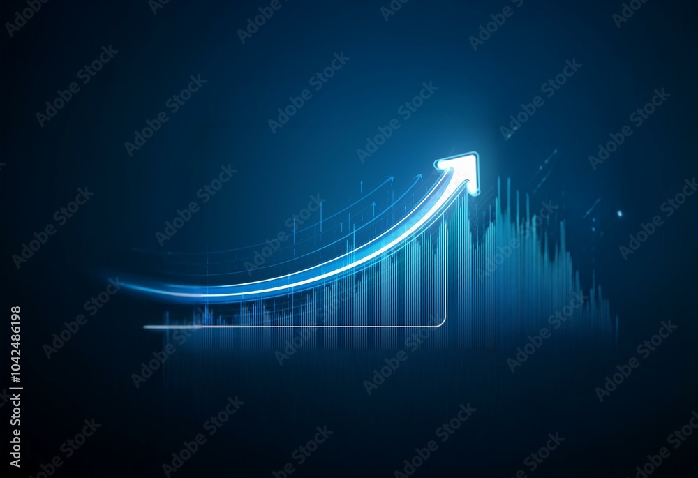 Poster a glowing white arrow pointing upward, superimposed on a blue background with a bar graph.