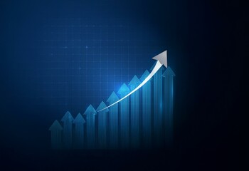 A blue grid background with a line graph with white arrows pointing upward.