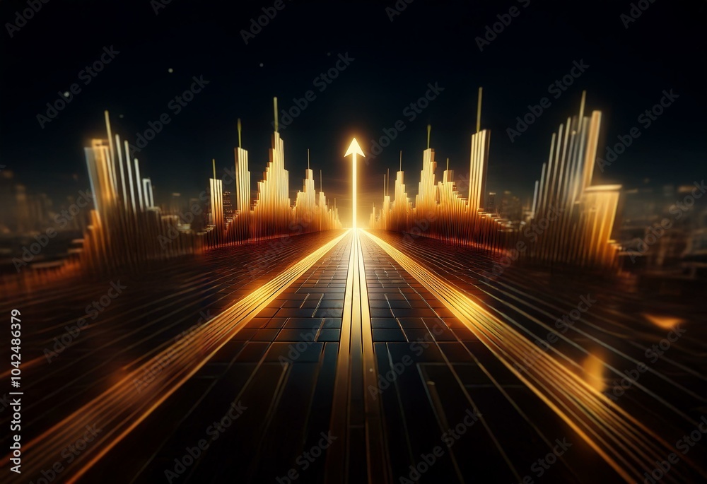 Poster a golden arrow pointing upward on a paved pathway in a futuristic city.