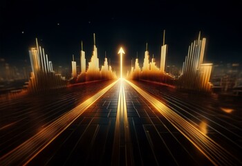 A golden arrow pointing upward on a paved pathway in a futuristic city.