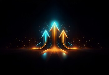 Three glowing arrows rise against a dark background, symbolizing growth, success, and achievement.
