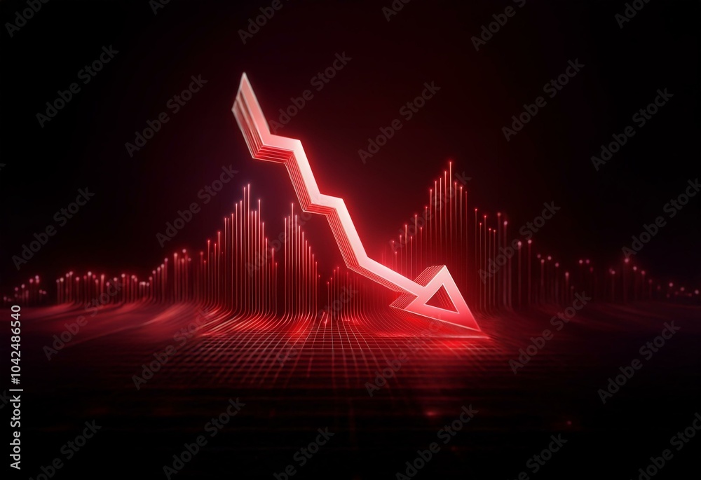 Leinwandbilder A glowing red arrow points down, symbolizing decline, in front of an abstract background of red lines.