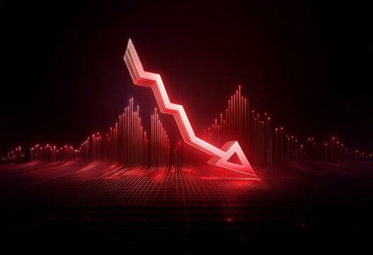 A glowing red arrow points down, symbolizing decline, in front of an abstract background of red lines.