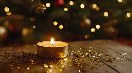una mesa de madera con un fondo navideño con luces encendidas decorativas con una vela encendida aromatica con espacio de copia