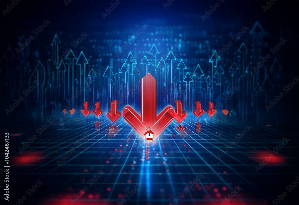 Aufkleber A red arrow points down, surrounded by blue upward arrows, all on a grid-like surface.