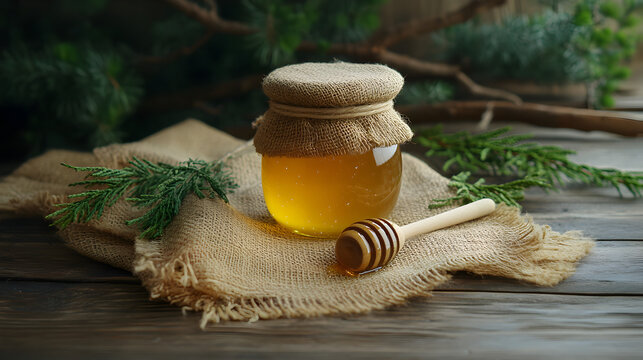 un frasco o tarro de miel sobre una tela de manta y ramas verdes decorativas sobre una mesa de madera alimento saludable producto natural y organico miel de abeja