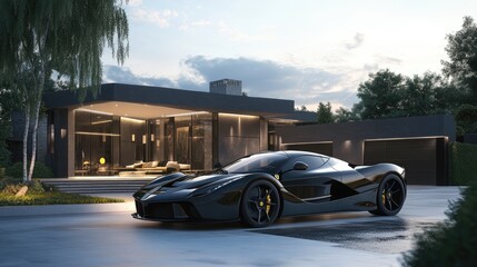 Obraz premium A premium sports car in front of a modern mansion, representing wealth, success, and the ultimate in luxury living