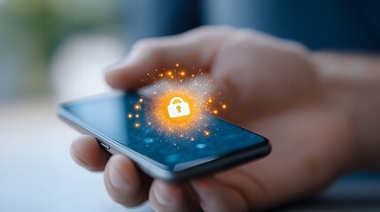 Close up of a hand holding a mobile phone with a glowing lock symbol displayed on the screen representing the concept of cybersecurity and mobile data protection
