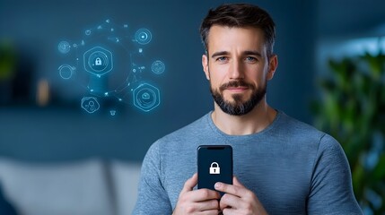 Cyber Security Banner Concept Featuring a Smartphone with Lock Icon Surrounded by Abstract Technological Graphics and Elements Representing Data Protection and Digital Safety