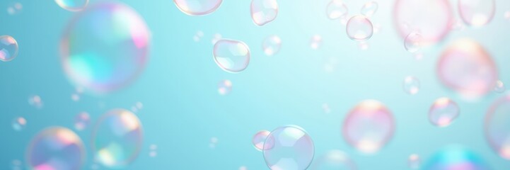 Delightful bubbles float against a soft blue background, perfect for designs related to cleanliness, joy, or playful themes.