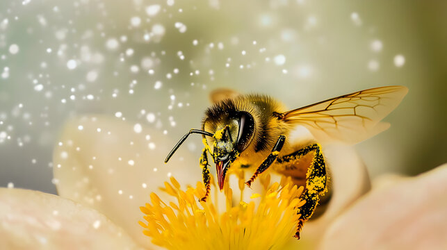 acercamiento de una abeja trabajadora tomando el polen de una flor para la polinizacion para producir miel natural y organica