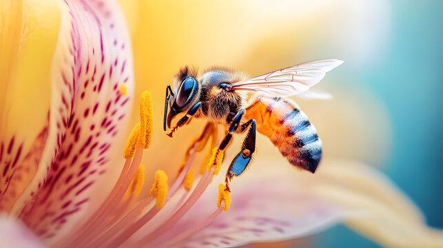 acercamiento de una abeja parada en una flor tomando el polen para la polinizacion y fabricacion de miel