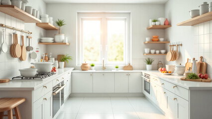 A Typical Kitchen Setting with Bright White Walls and Supplies Scattered Everywhere Creating a Lively Cooking Atmosphere