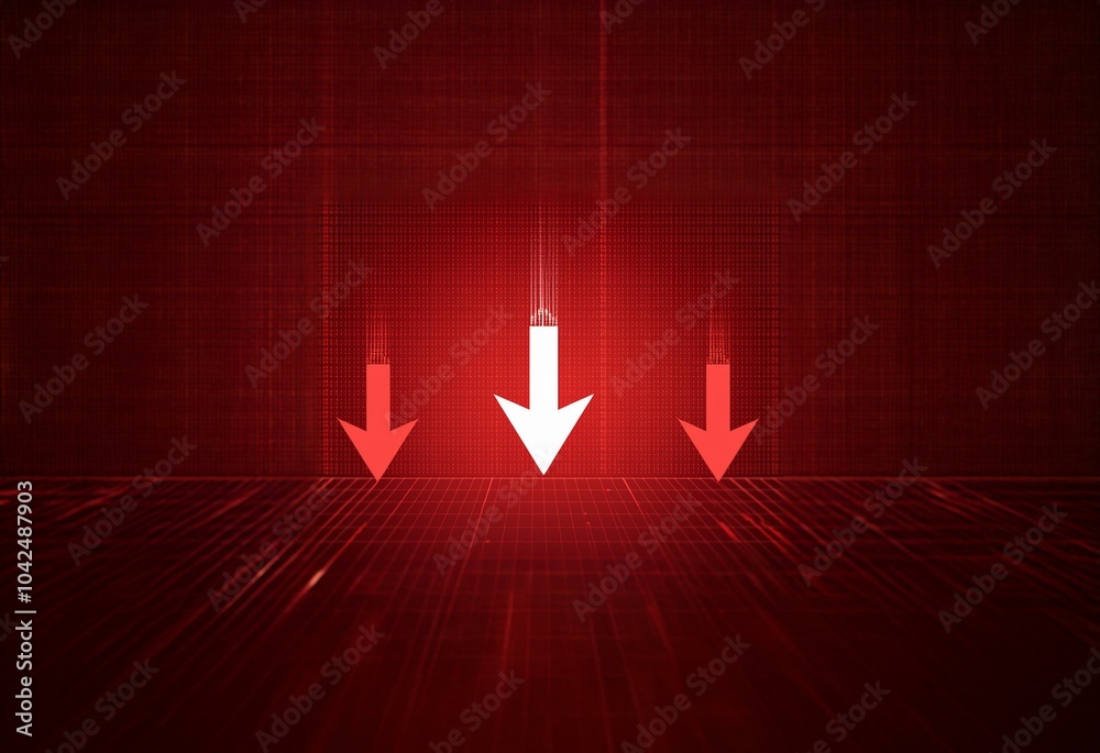 Leinwandbilder three white arrows point down against a red background with a grid pattern.