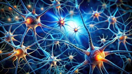 Fototapeta premium Detailed close-up images of neurons in the brain captured at a tilted angle using electron microscopy