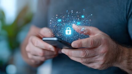 of a modern digital cyber security concept featuring a person holding a smartphone with a glowing lock icon and surrounded by digital security visuals such as encrypted data firewall