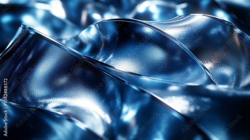 Poster A beautifully textured blue material forms gentle waves, reflecting and refracting light in an artistic display of colors and shapes, creating a sense of depth.