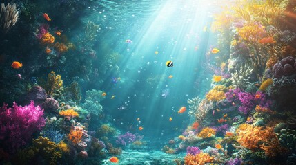 A vibrant coral reef teeming with life, bathed in the warm glow of sunlight streaming through the clear water.