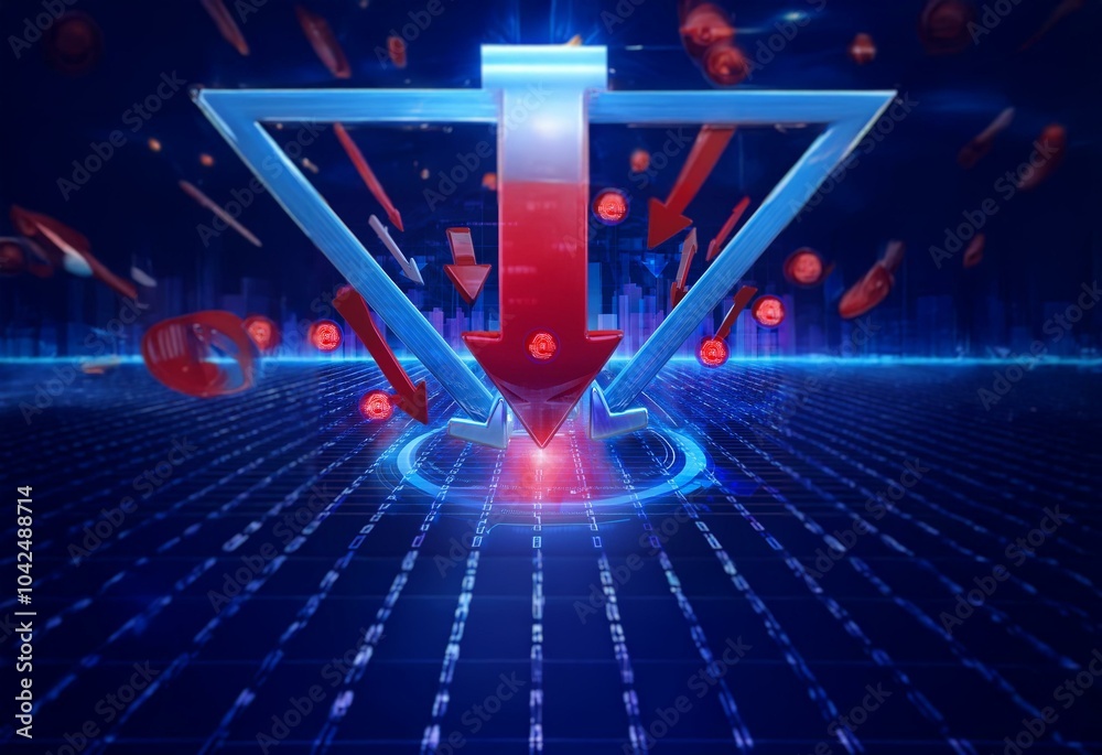 Fototapete Two large arrows pointing down in a 3D digital space with a blue and red color scheme.