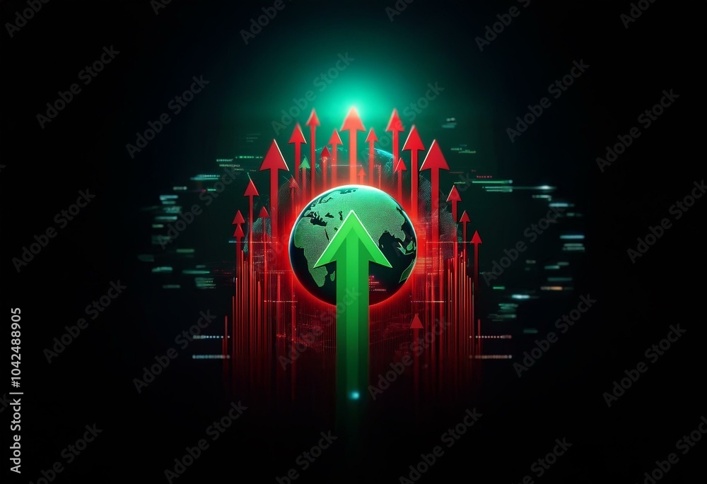 Fototapete a glowing green arrow points upwards in front of a 3d globe with red arrows surrounding it.